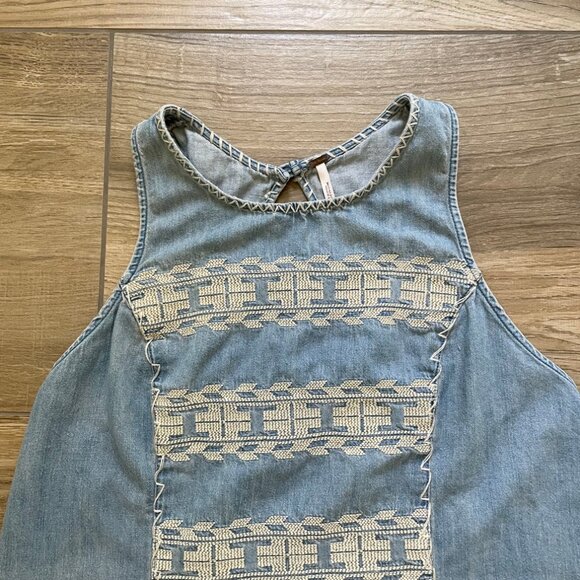 Free People Dress Womens M Denim Lightweight Embroidered Sun Mini Sleeveless - Picture 2 of 11